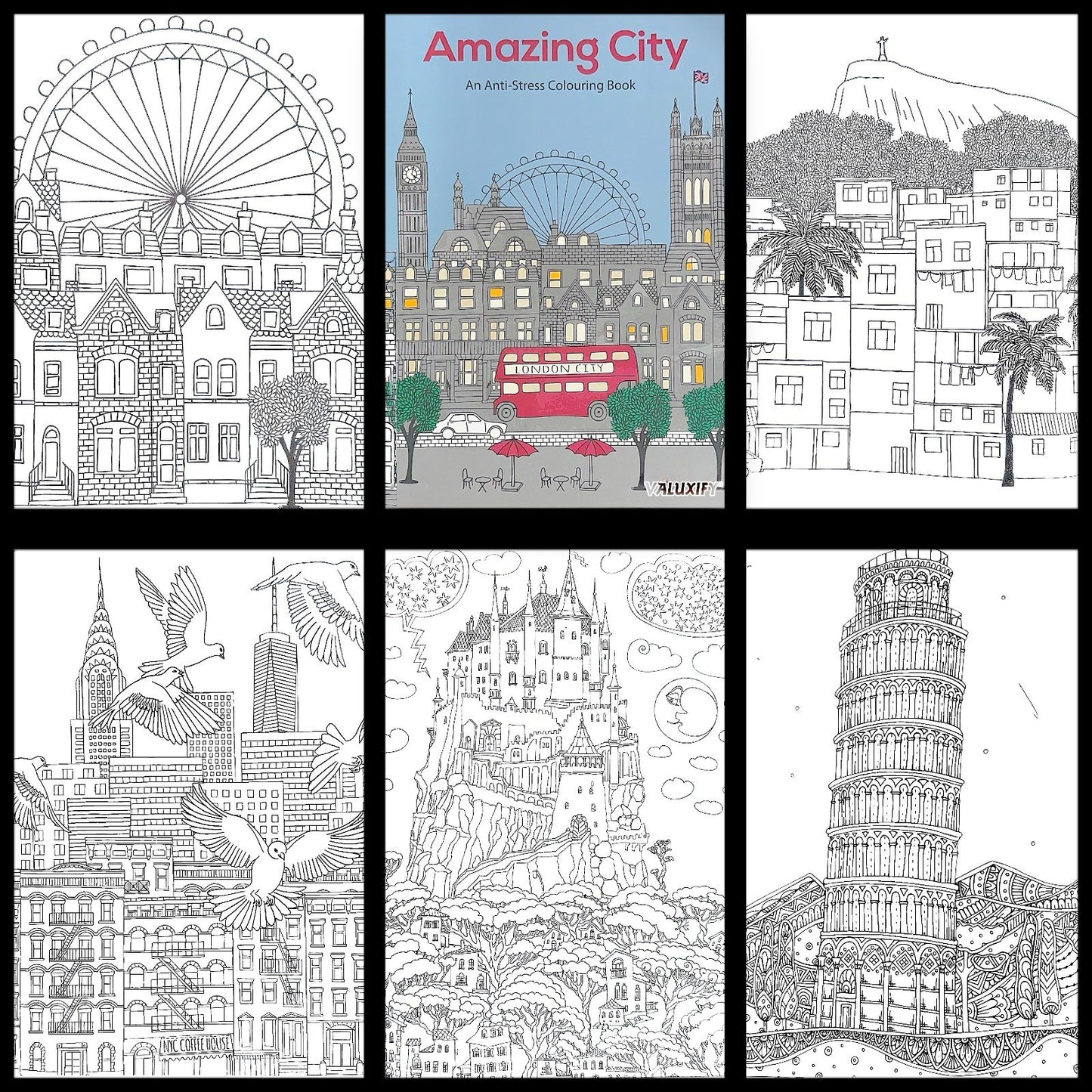 Adult Anti Stress Colouring Book Country Scenes London Nature Famous Places