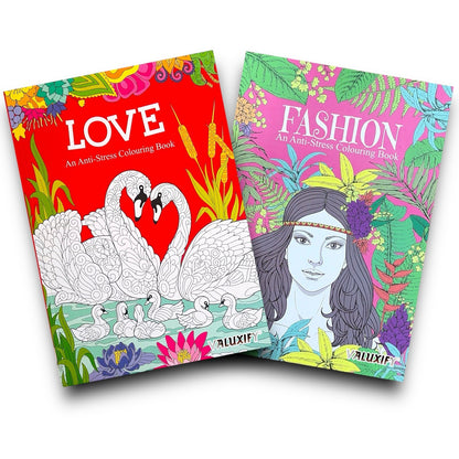 2 Adult Colouring Books Fashion Love Anti Stress Colour Therapy Mind Relax A4