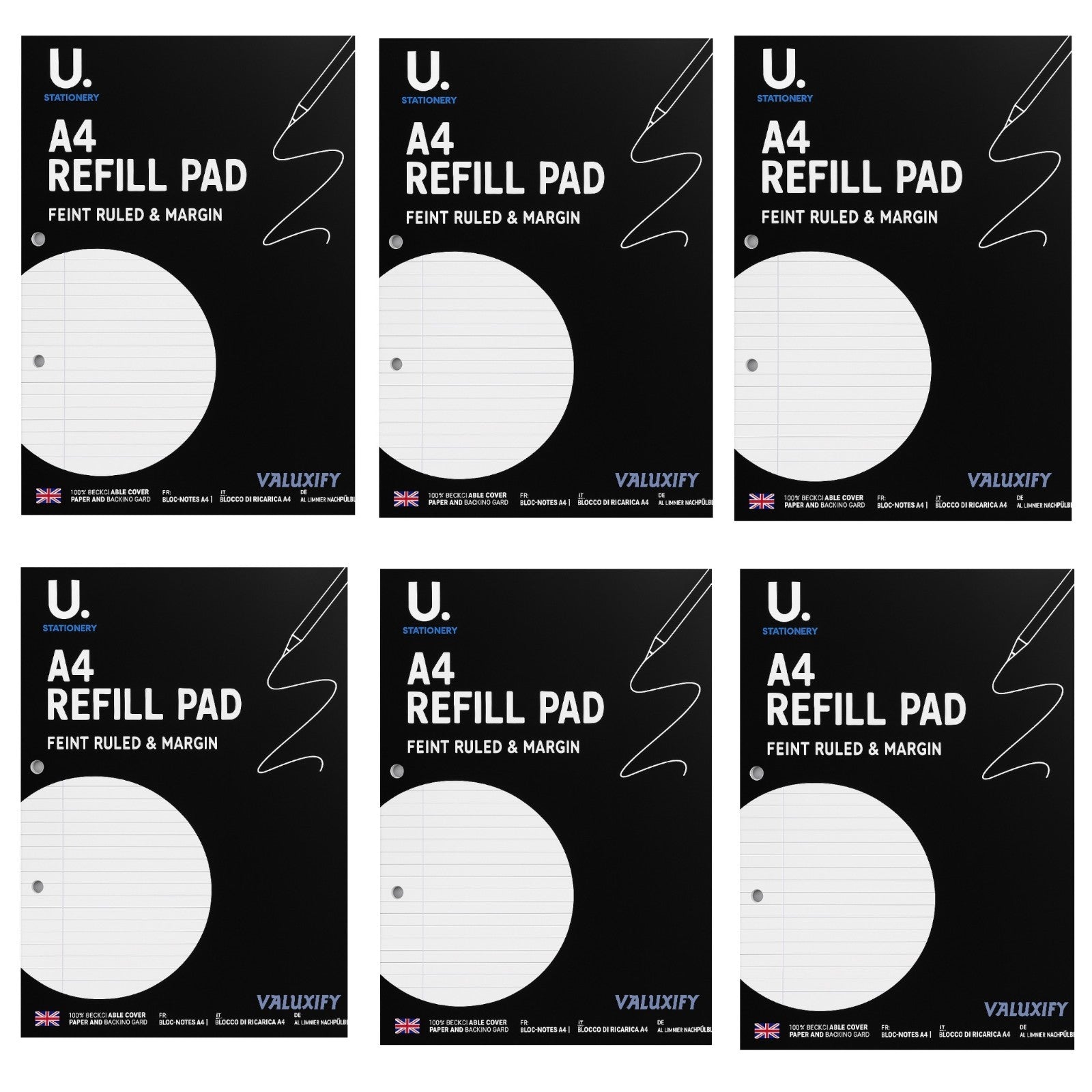 a4 ruled refill pads 6 pack 130 pages 54gsm feint ruled with margin white paper
