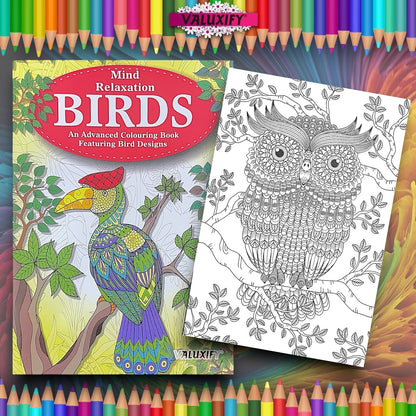 Birds BOOK Advanced COLOURING  MIND RELAXING Adult Colour Therapy  + 18 Pencils