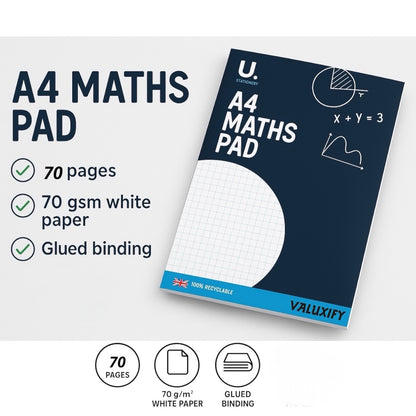 A4 Maths Pad 70 Pages 70gsm Graph Paper School College Notebook 1 2 3 6 Pack