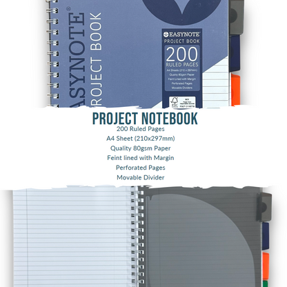 A4 Project Book Spiral Bound Notebook Pad with Subject Dividers 200 Pages UK