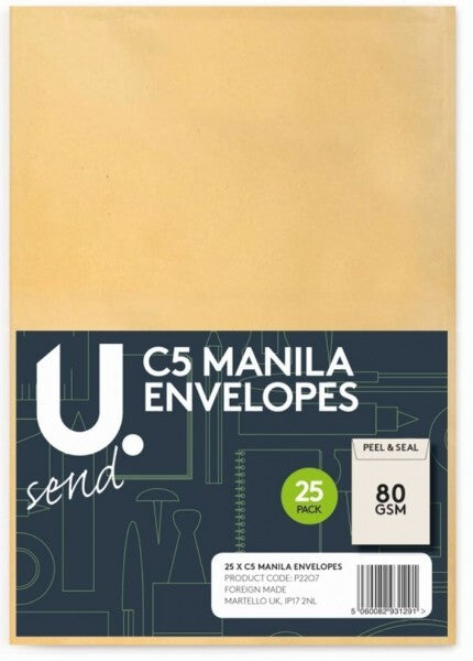 Pack of C5 Manila Envelopes with U brand logo on a beige background