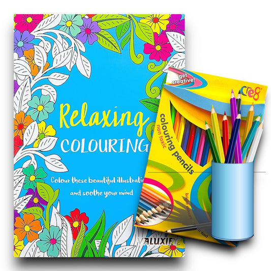 Relaxing Colouring Book A4 + 20 Colouring Pencils – Adult Anti-Stress Art Set