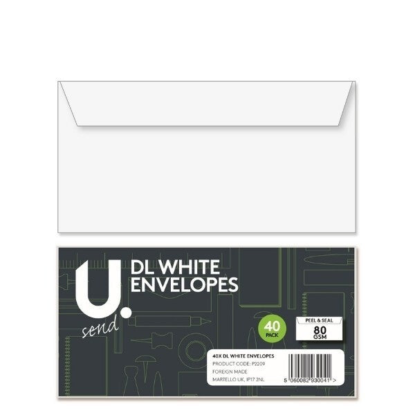 U. DL white envelopes plain peel and seal 110 x 220mm pack of 40