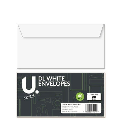 U. DL white envelopes plain peel and seal 110 x 220mm pack of 40
