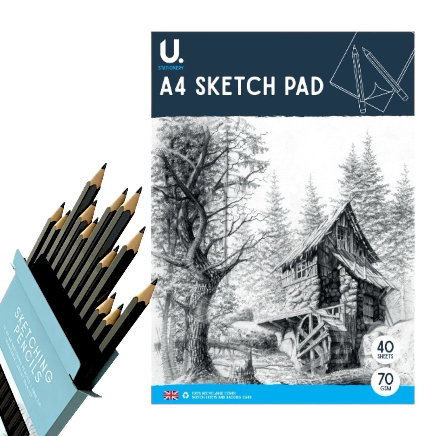 A4 Sketch Pad - White Paper Artist Craft Doodling Sketching With 12 Pencils