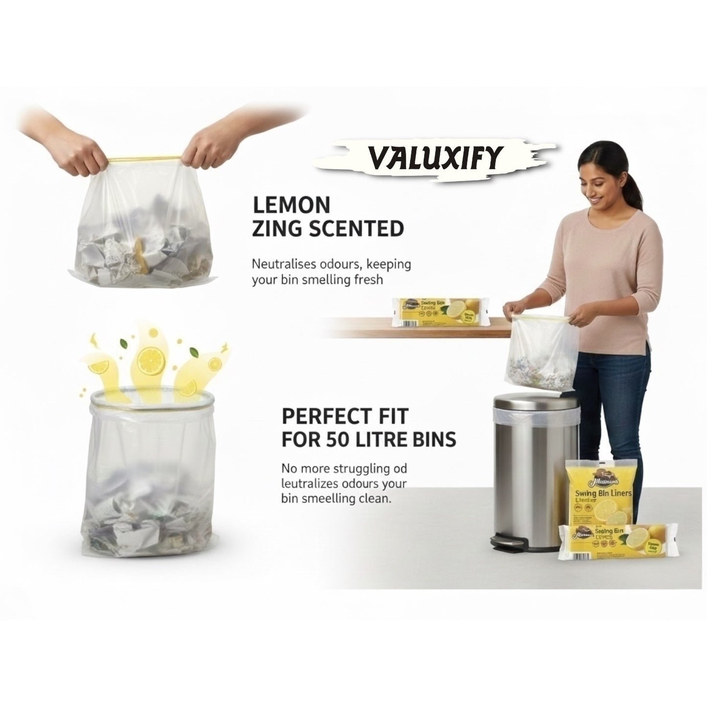 Mammoth Lemon Bin Liners Drawstring 15L Small Kitchen Rubbish Bags Scented