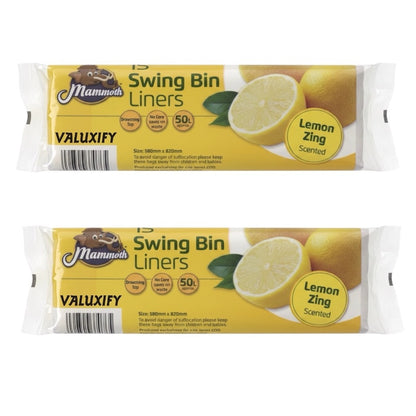 Mammoth Lemon Bin Liners Drawstring 15L Small Kitchen Rubbish Bags Scented
