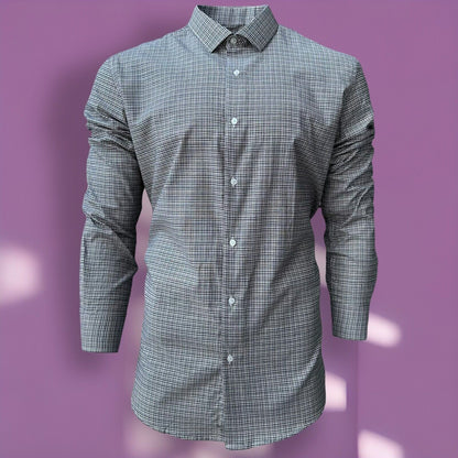 Mens Check Shirt Grey Classic Long Sleeve Work Casual Outdoor PolyCotton Shirt
