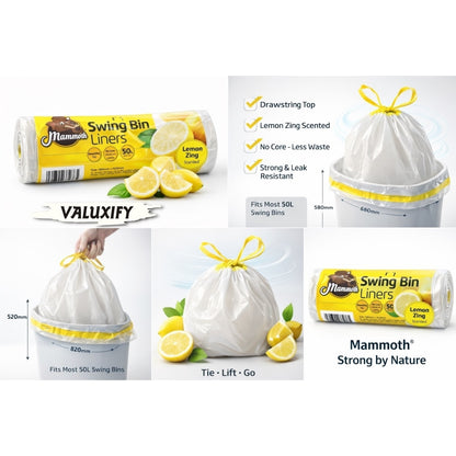 Mammoth Lemon Bin Liners Drawstring 15L Small Kitchen Rubbish Bags Scented