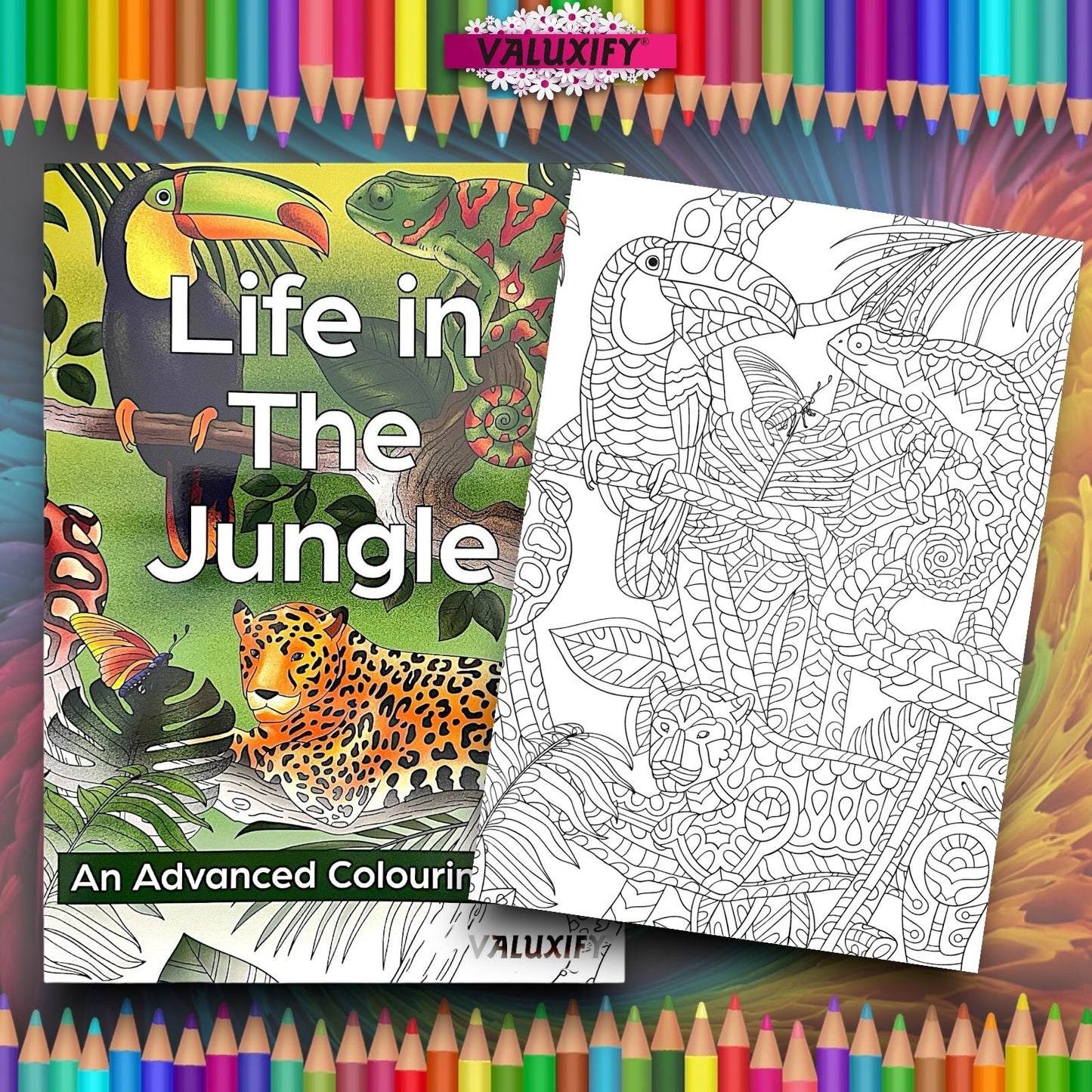 Adult Advance Jungle Colouring Book Colour Therapy Anti Stress 18 Pencils