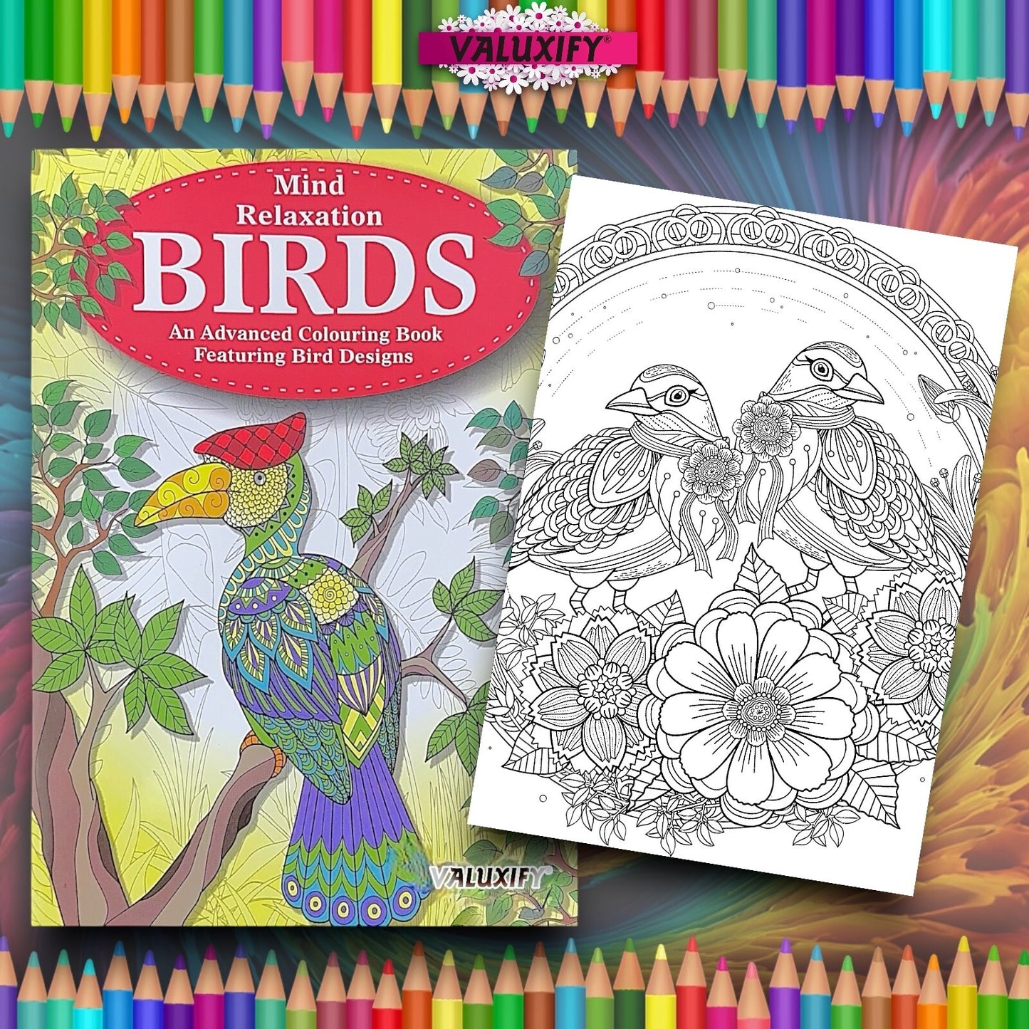 Birds BOOK Advanced COLOURING  MIND RELAXING Adult Colour Therapy  + 18 Pencils