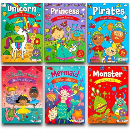 KIDS STICKER COLOURING BOOKS ACTIVITY BALLERINA UNICORN PIRATE OVER 50 STICKER