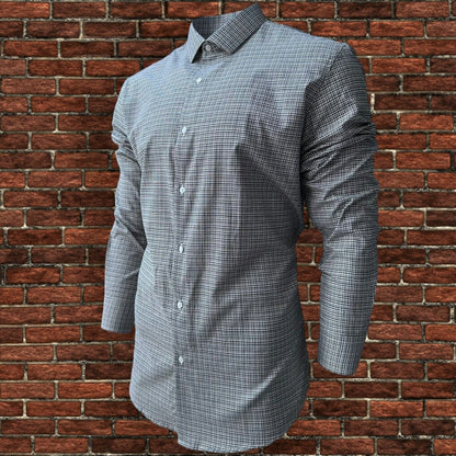 Mens Check Shirt Grey Classic Long Sleeve Work Casual Outdoor PolyCotton Shirt