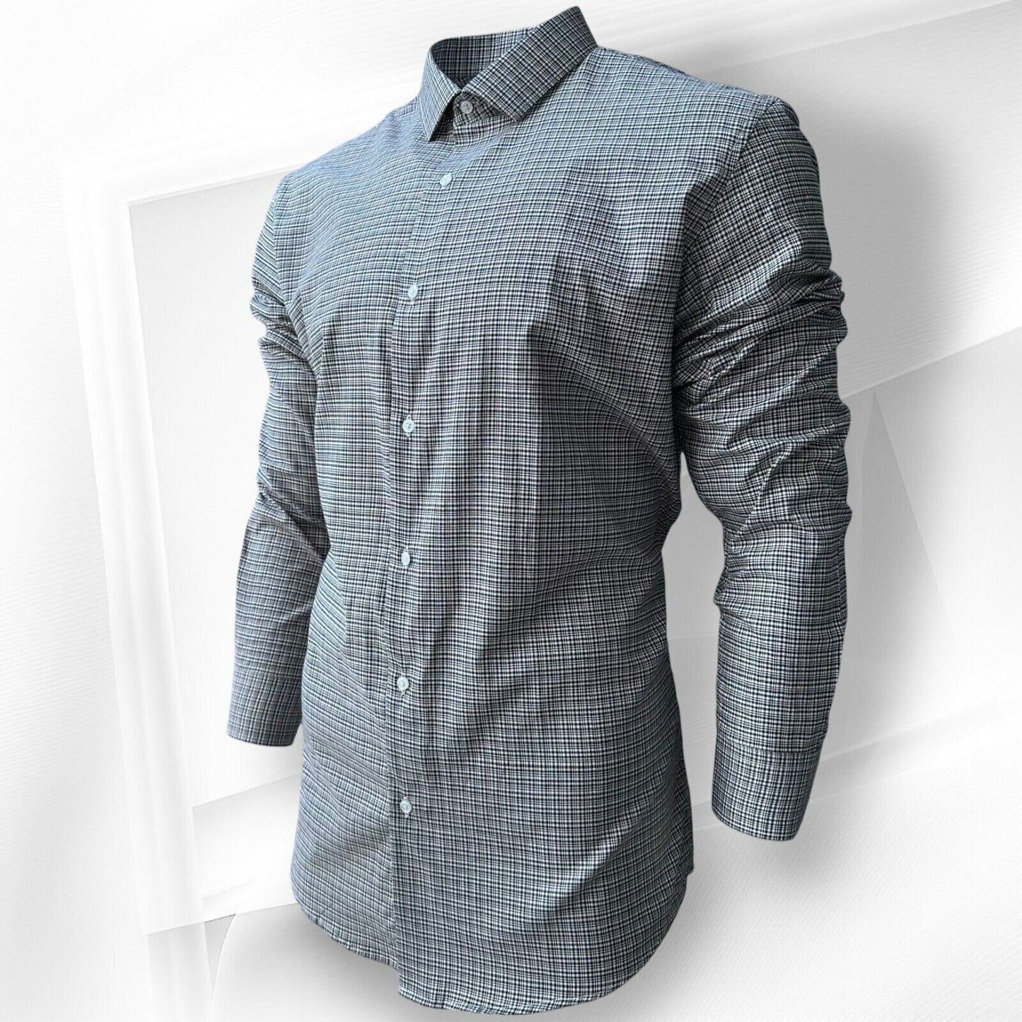 Mens Check Shirt Grey Classic Long Sleeve Work Casual Outdoor PolyCotton Shirt