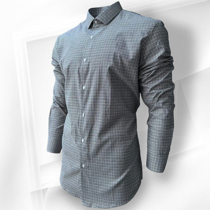 Mens Check Shirt Grey Classic Long Sleeve Work Casual Outdoor PolyCotton Shirt