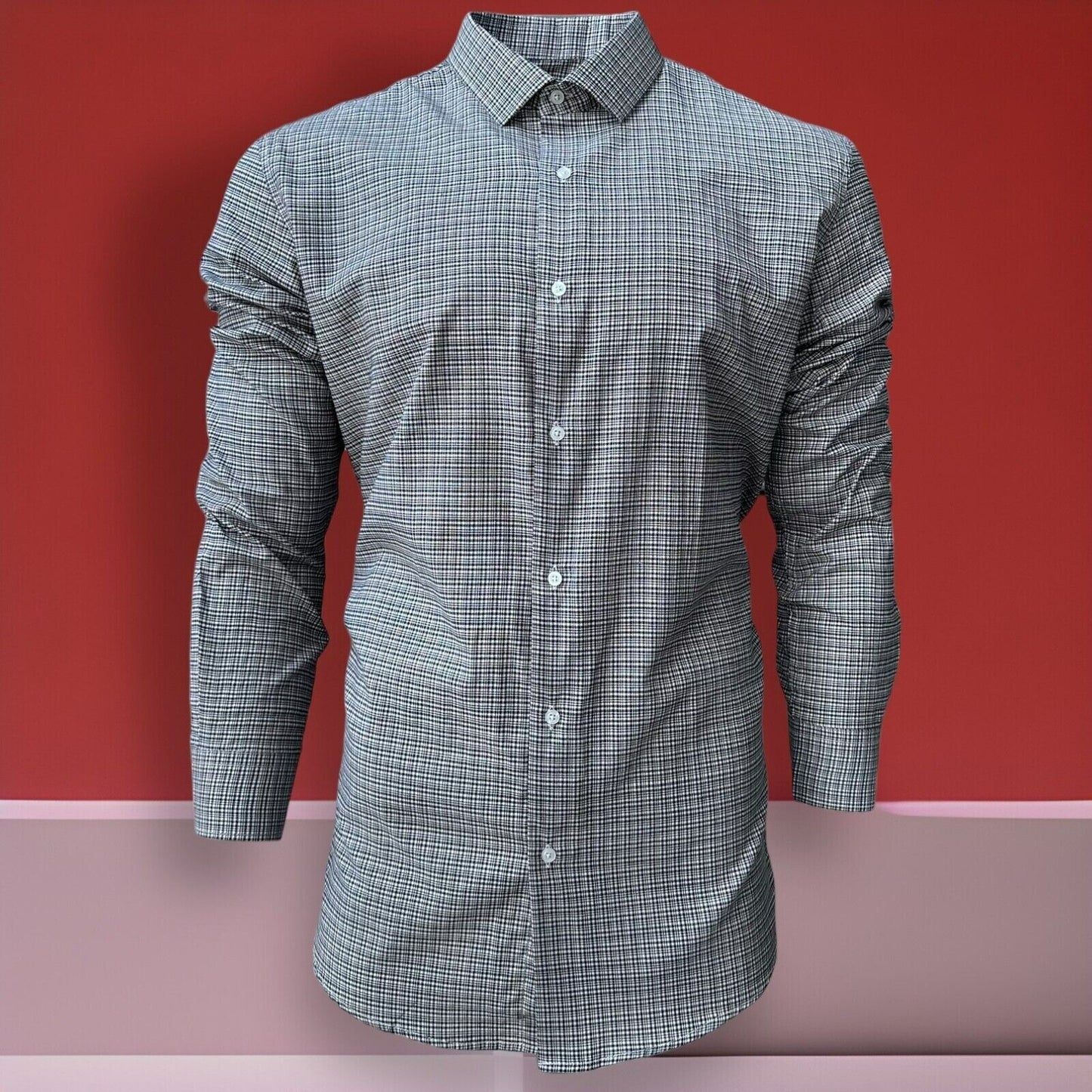 Mens Check Shirt Grey Classic Long Sleeve Work Casual Outdoor PolyCotton Shirt