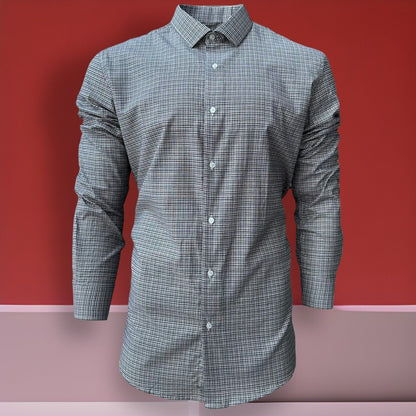 Mens Check Shirt Grey Classic Long Sleeve Work Casual Outdoor PolyCotton Shirt