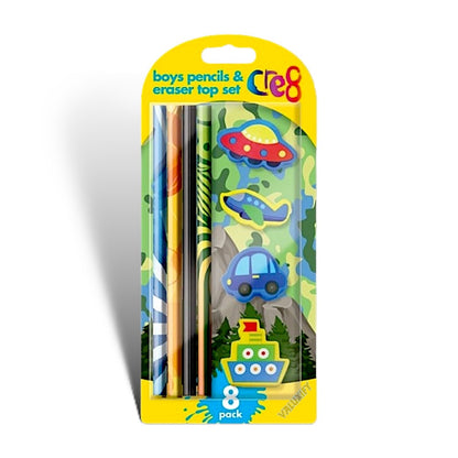 Kids Children's Pencil & Eraser Set - 8 Piece Set Back To School Girls Or Boys