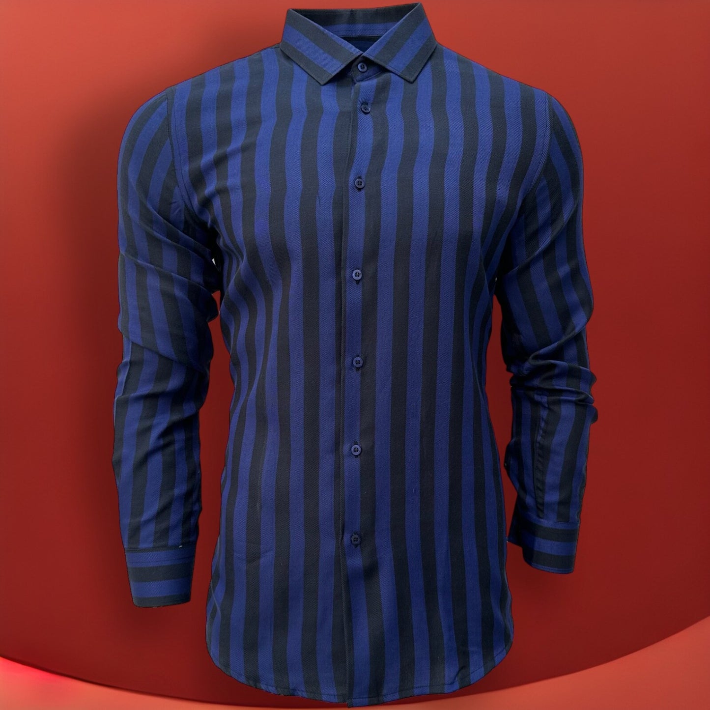 Blue Slim Fit Long Sleeve Shirt Striped Shirt Casual work office Wear Dark Blue