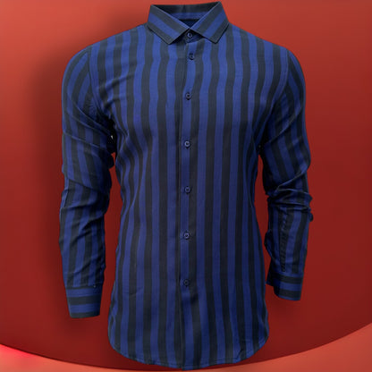 Blue Slim Fit Long Sleeve Shirt Striped Shirt Casual work office Wear Dark Blue