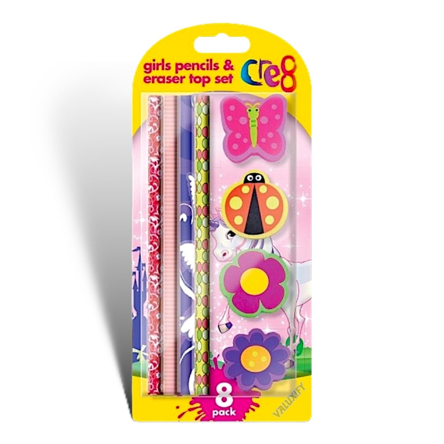 Kids Children's Pencil & Eraser Set - 8 Piece Set Back To School Girls Or Boys
