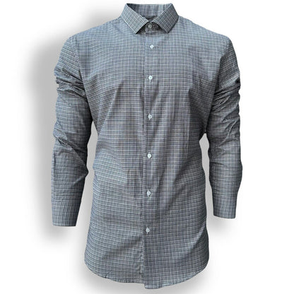 Mens Check Shirt Grey Classic Long Sleeve Work Casual Outdoor PolyCotton Shirt