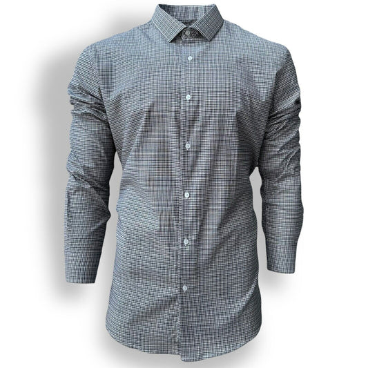 Mens Check Shirt Grey Classic Long Sleeve Work Casual Outdoor PolyCotton Shirt
