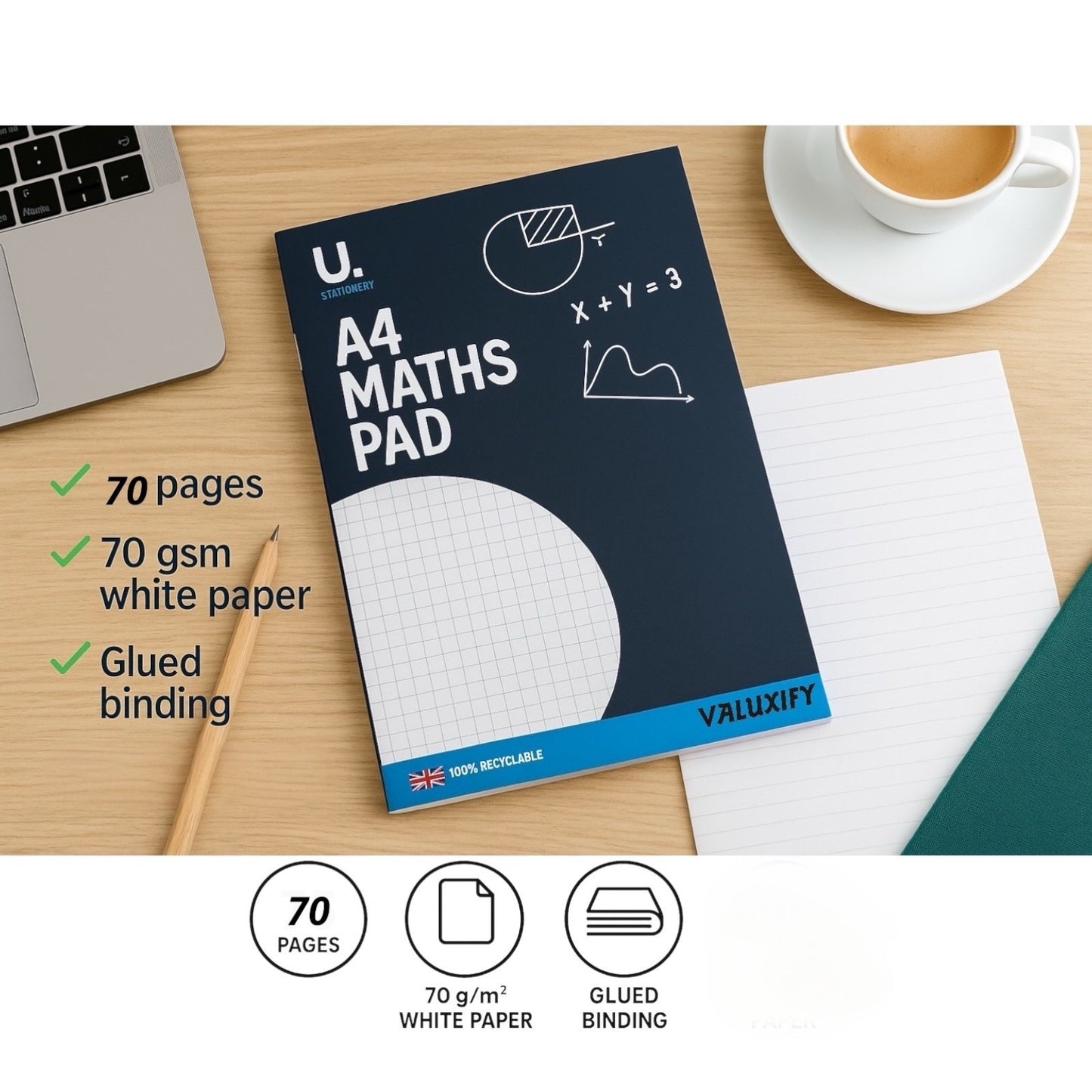 A4 Maths Pad 70 Pages 70gsm Graph Paper School College Notebook 1 2 3 6 Pack