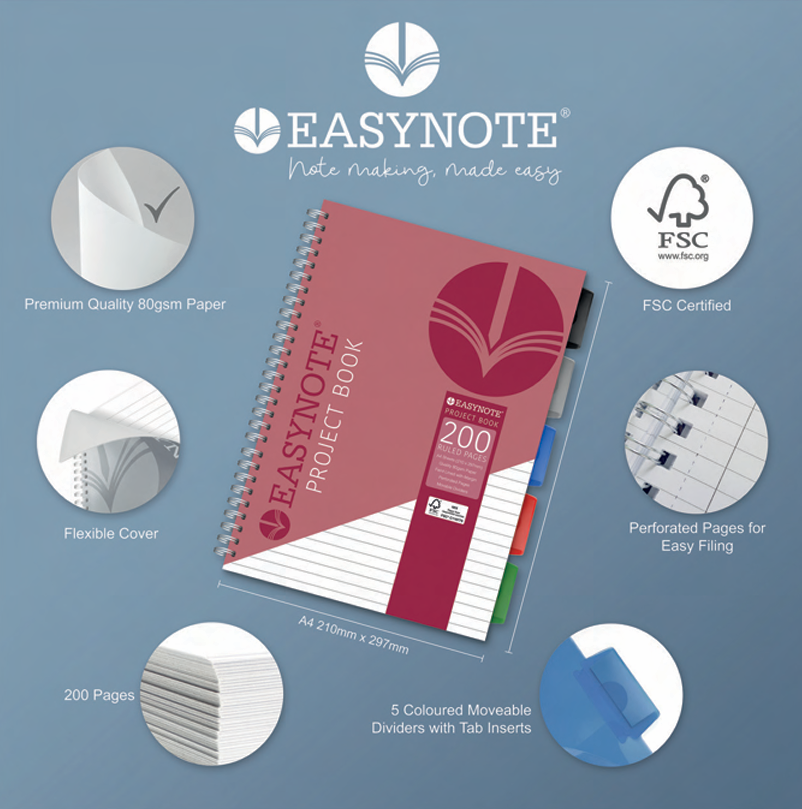 A4 Project Book Spiral Bound Notebook Pad with Subject Dividers 200 Pages UK