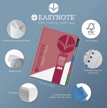 A4 Project Book Spiral Bound Notebook Pad with Subject Dividers 200 Pages UK