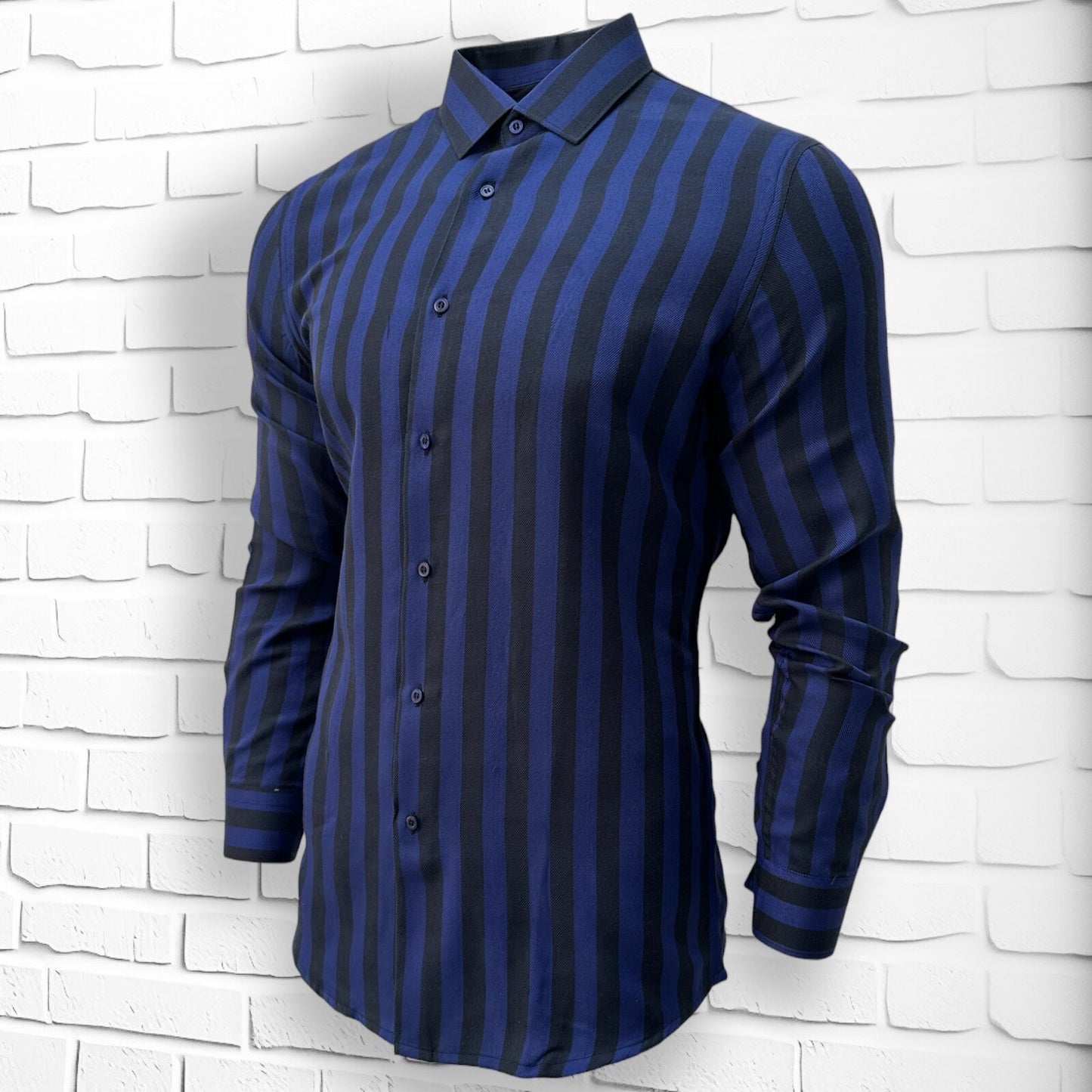 Blue Slim Fit Long Sleeve Shirt Striped Shirt Casual work office Wear Dark Blue