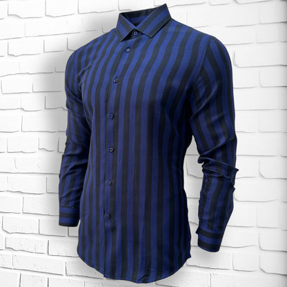 Blue Slim Fit Long Sleeve Shirt Striped Shirt Casual work office Wear Dark Blue
