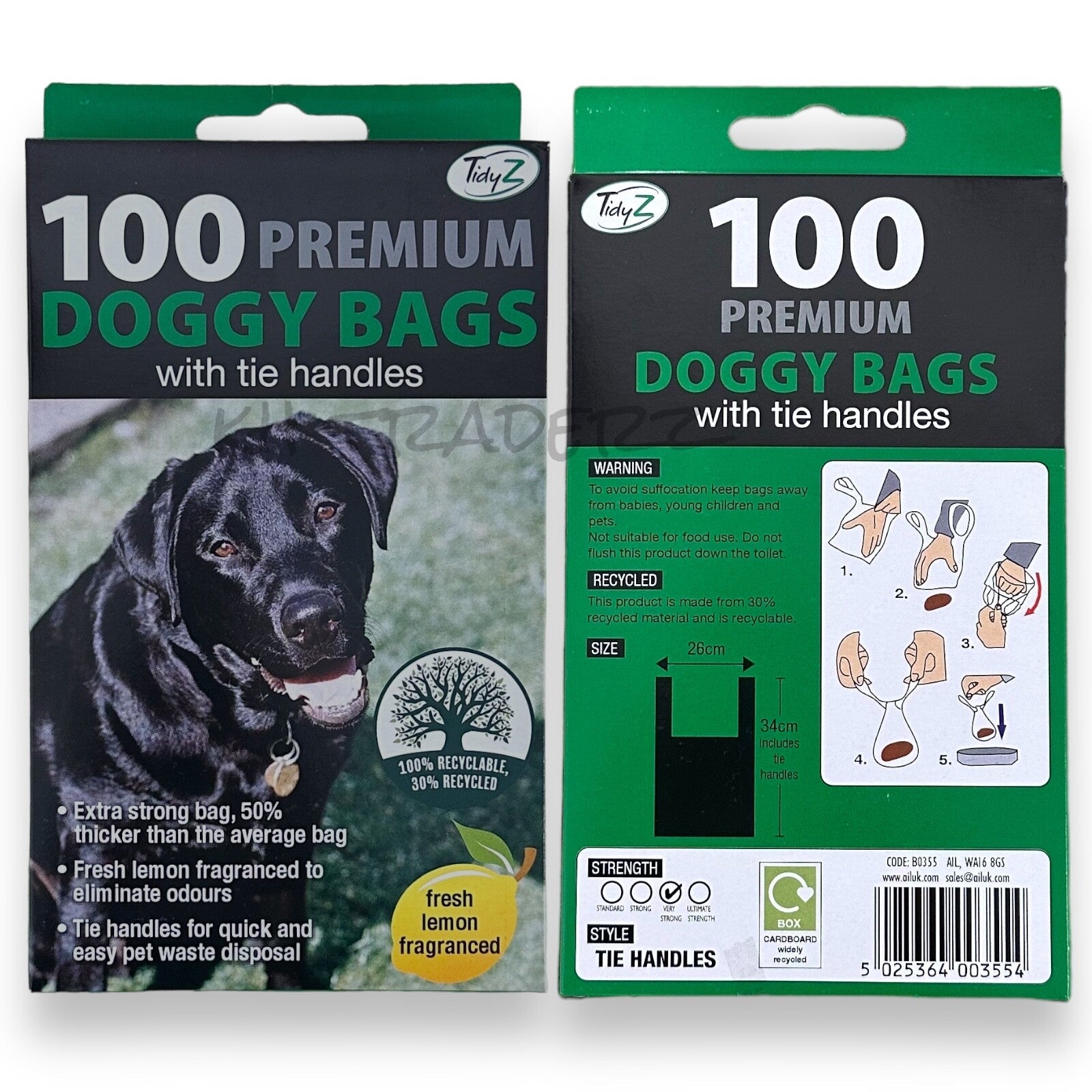 Two packages of 100 premium doggy bags with tie handles on a white background.