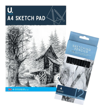 A4 Sketch Pad - White Paper Artist Craft Doodling Sketching With 12 Pencils