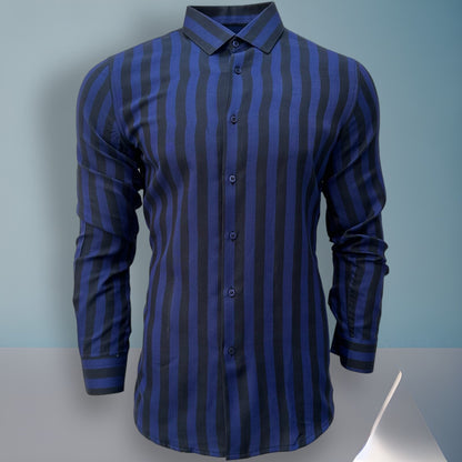 Blue Slim Fit Long Sleeve Shirt Striped Shirt Casual work office Wear Dark Blue