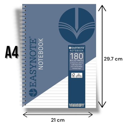 A4 Premium Spiral Notebook Note Pad Notes 180 Lined pages 80gsm Paper Easynote