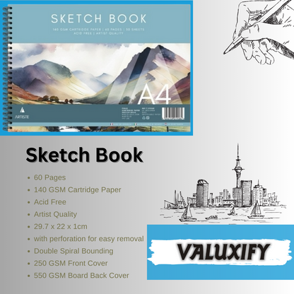 A4 Sketch Book White Paper Artist Craft Doodling Sketching 60 Pages Book Spiral