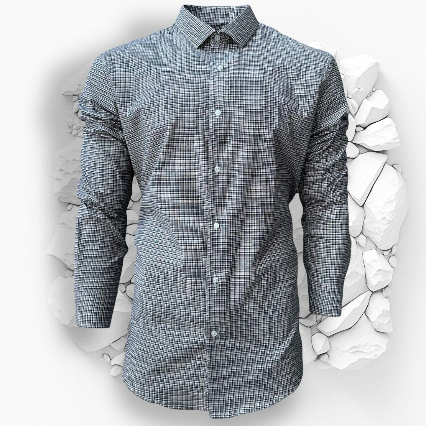 Mens Check Shirt Grey Classic Long Sleeve Work Casual Outdoor PolyCotton Shirt