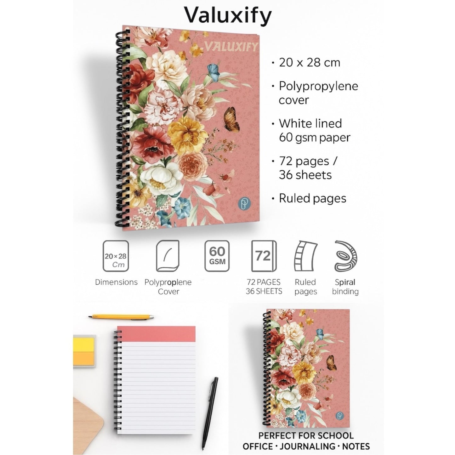 Spiral Notebook Lined Writing Pad 72 Pages Polypropylene Cover School 20x28cm