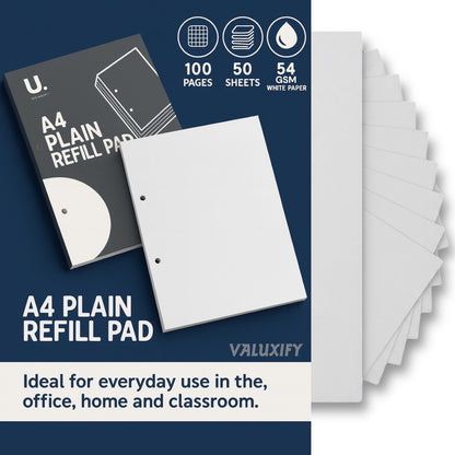 6x A4 Plain Refill Pads Paper | 50 Sheets 100 Pages Each | 54gsm White Paper