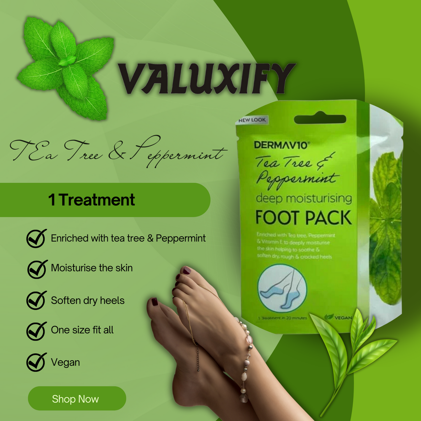 Tea Tree Peppermint Derma Foot Sock Mask Deep Moisturising Foot Mask Vegan