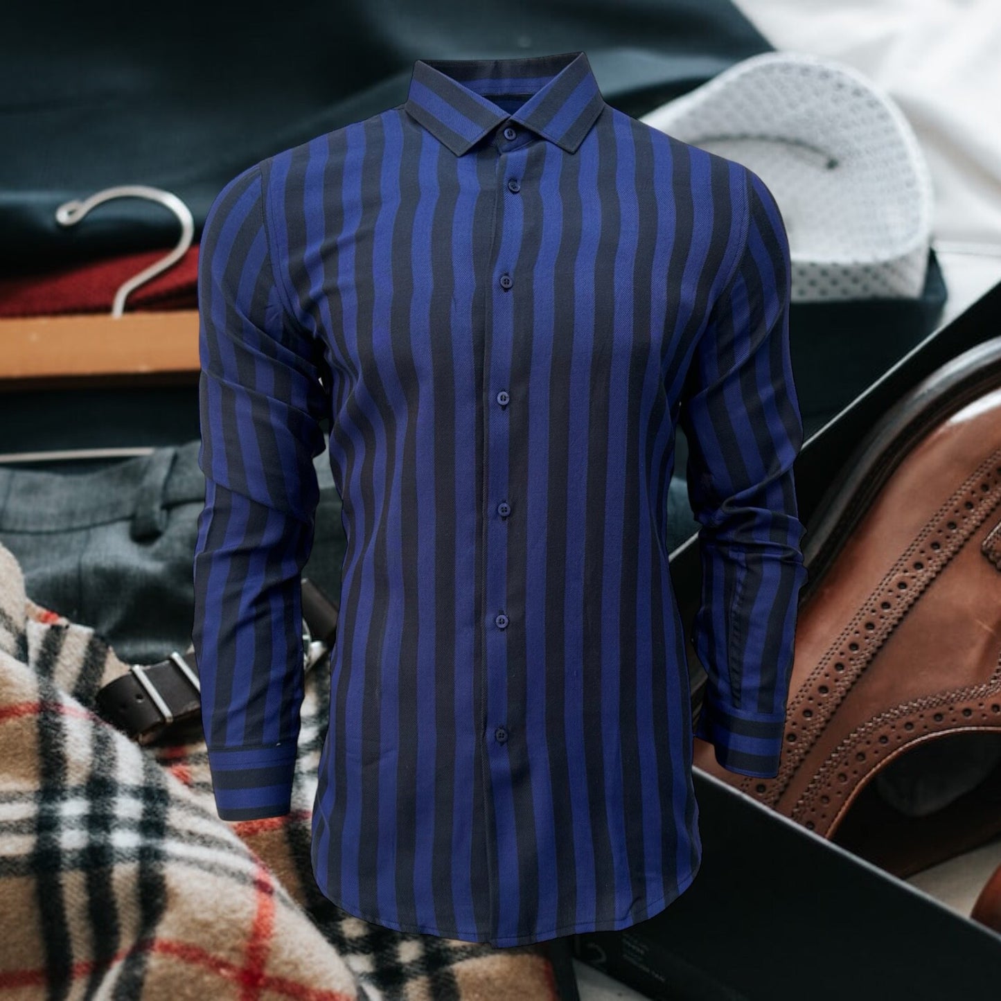Blue Slim Fit Long Sleeve Shirt Striped Shirt Casual work office Wear Dark Blue