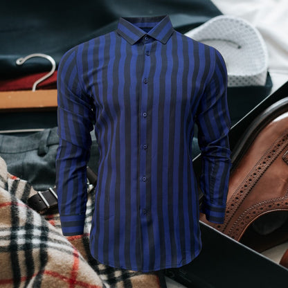 Blue Slim Fit Long Sleeve Shirt Striped Shirt Casual work office Wear Dark Blue