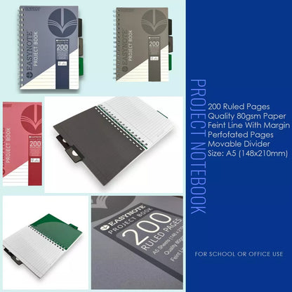 A5 Project Notebook With 3 Divider Twin Wire  Durable Cover Study Book 200 Pages