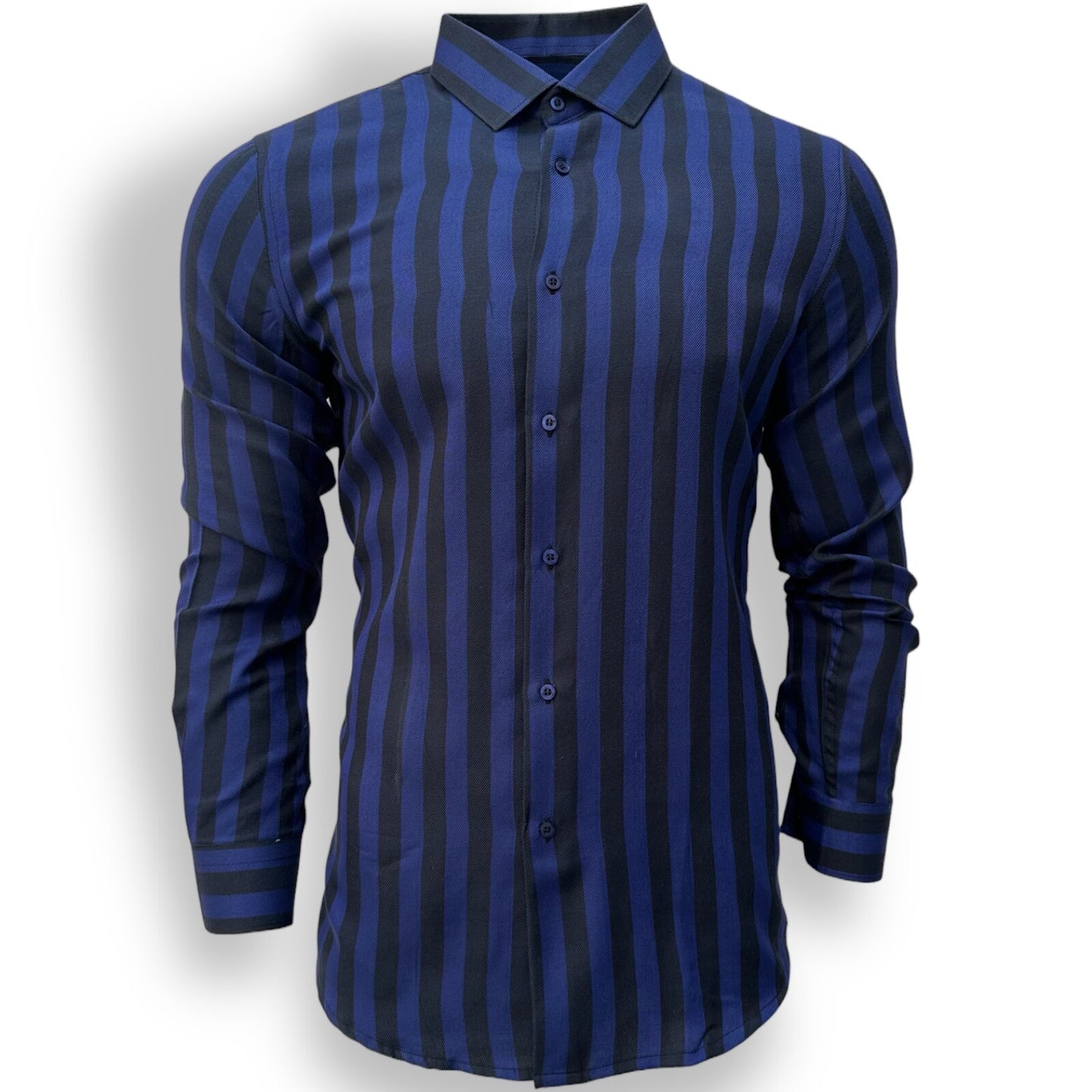 Blue Slim Fit Long Sleeve Shirt Striped Shirt Casual work office Wear Dark Blue