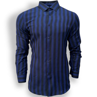 Blue Slim Fit Long Sleeve Shirt Striped Shirt Casual work office Wear Dark Blue