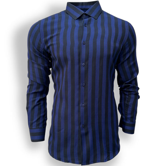 Blue Slim Fit Long Sleeve Shirt Striped Shirt Casual work office Wear Dark Blue