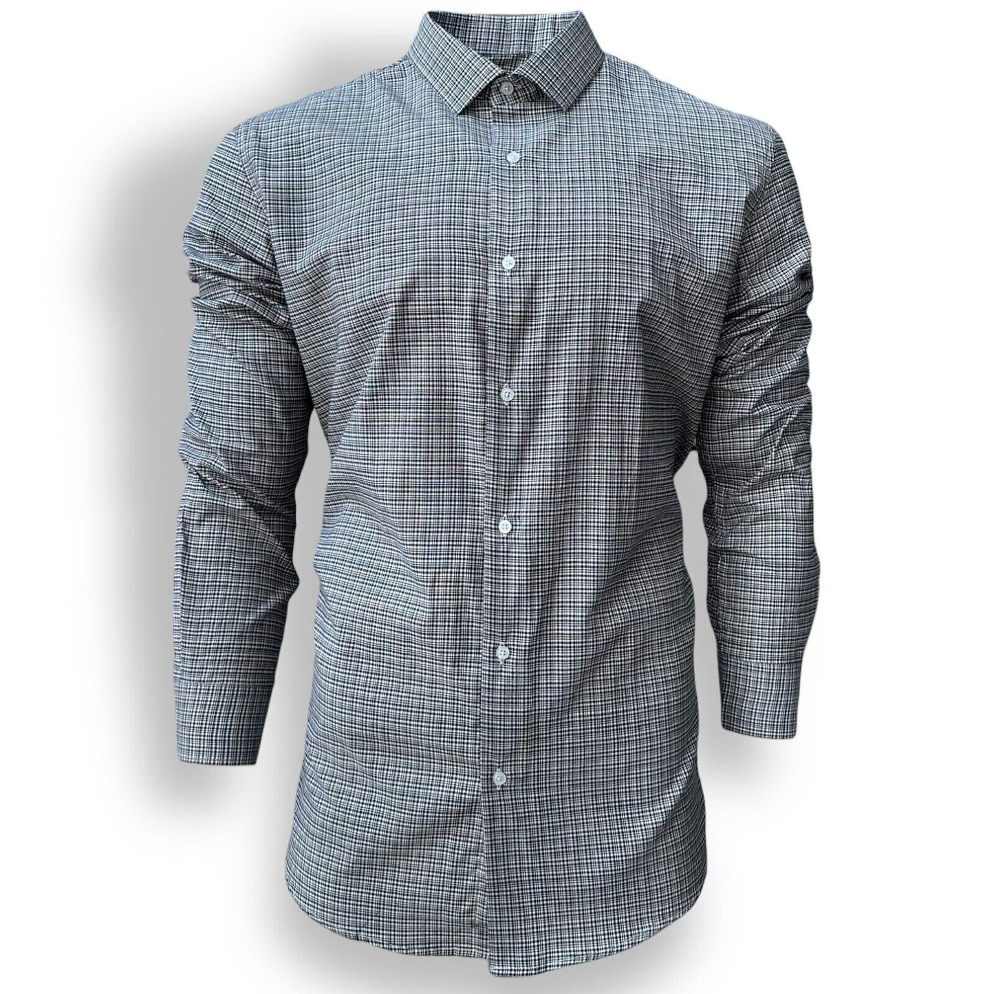 Mens Check Shirt Grey Classic Long Sleeve Work Casual Outdoor PolyCotton Shirt